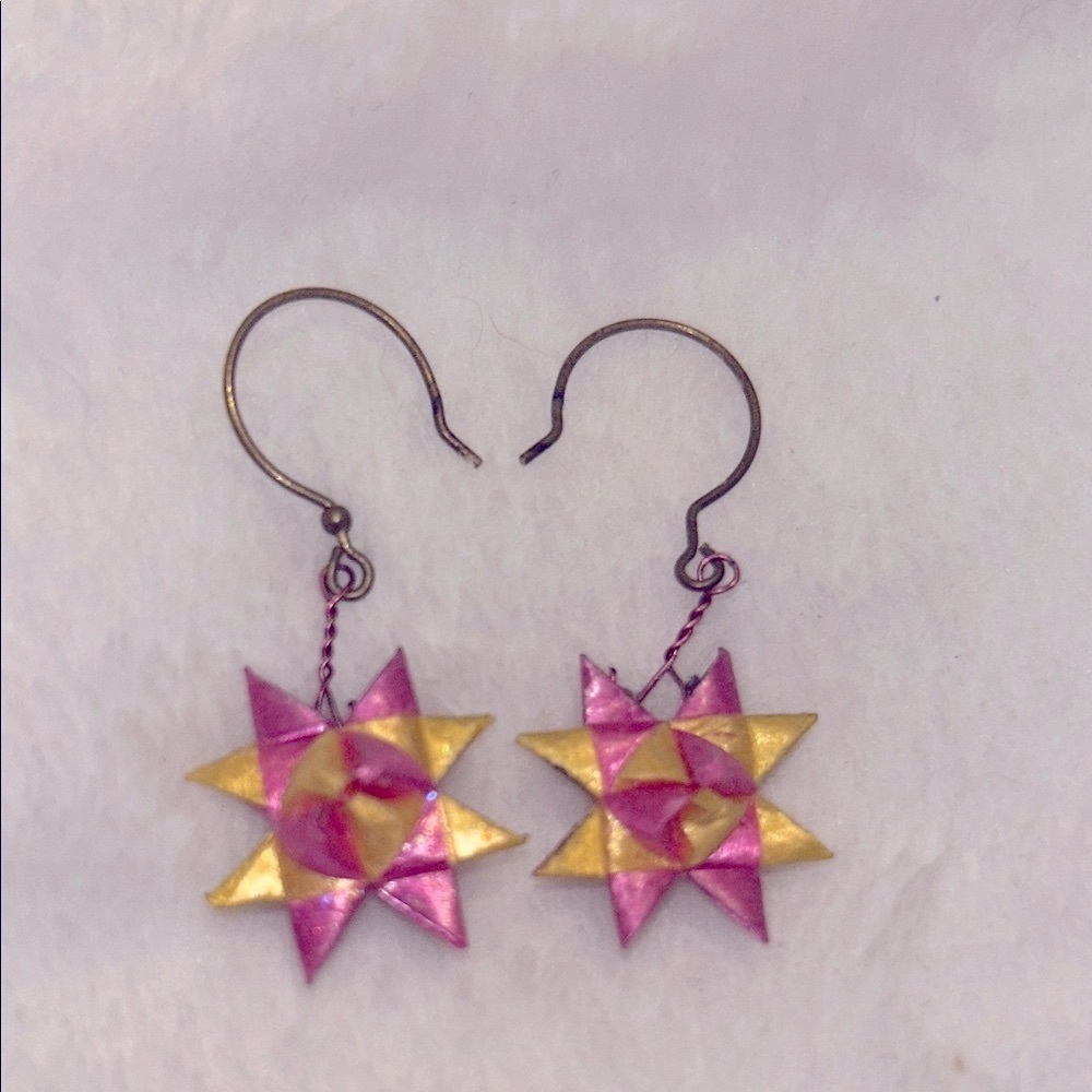 Handmade Origami Pink and Yellow Star Earrings